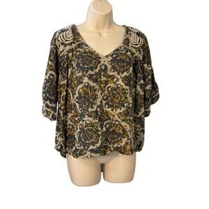 Sigrid Olsen Black Tan Gold V‎ Neck Embroidered Blouse Small Pre-owned